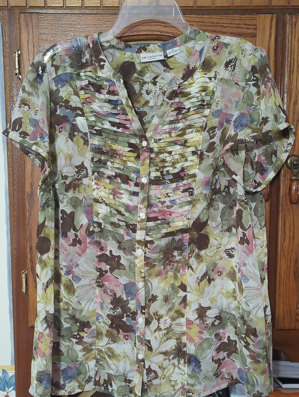 Liz Claiborne Olive Multi-Color Floral Pintuck Button Blouse